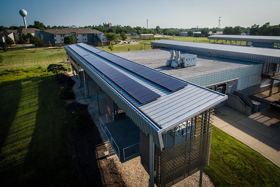 Solar panels recently installed on Dean L. Hubbard Center for Innovation and Entrepreneurship as part of a gift from Evergy Inc. are helping Northwest save energy costs. (Photo by Todd Weddle/Northwest Missouri State University) 